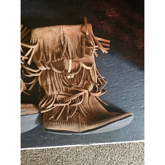 Minnetonka 3-Layer Fringe Boot Brown Suede Leather Boots Sz 9 - Picture 3 of 7